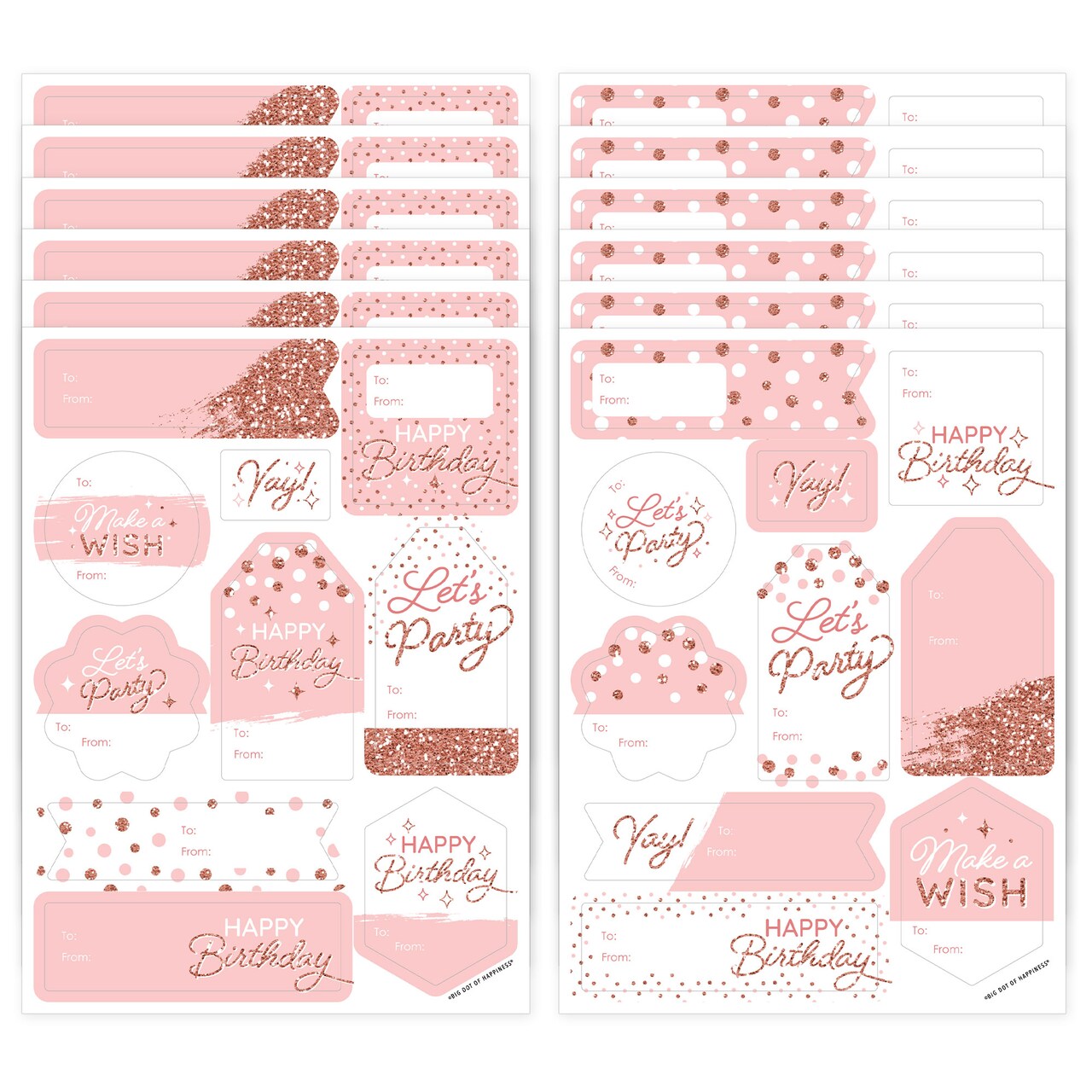 Big Dot of Happiness Pink Rose Gold Birthday - Assorted Happy Birthday Party Gift Tag Labels - To and From Stickers - 12 Sheets - 120 Stickers